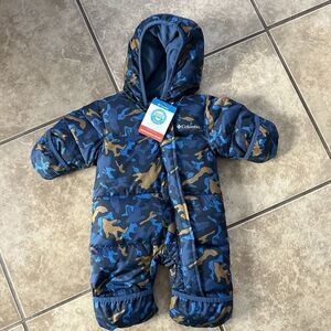 Columbia Snuggly Bunny Down Bunting Baby 0-3M Blue Camo Snowsuit Hooded NWT